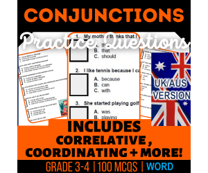 UK/Aus English Conjunctions Practice Questions - Year 4-5 (Word)