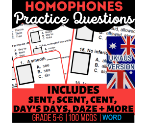 UK/Aus English Homophones Practice Questions - Year 6-7 (Word)