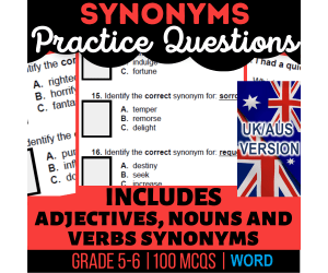 UK/Aus English Synonyms Practice Questions - Year 6-7 (Word)