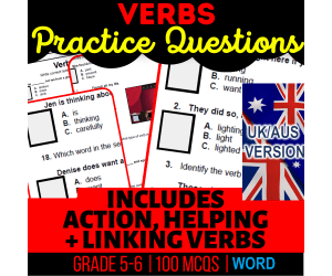 UK/Aus English Verbs Practice Questions - Grammar Year 6-7 (Word)