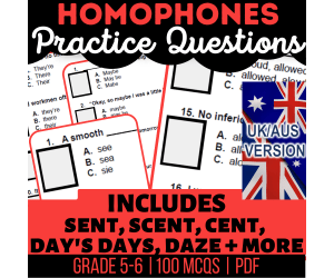 UK/Aus Spelling Homophones Practice Questions - Year 6-7 (PDF)