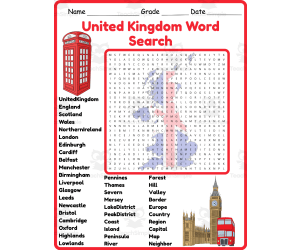 United Kingdom Map Geography Word Search 2rd 3th 4th 5th Grade
