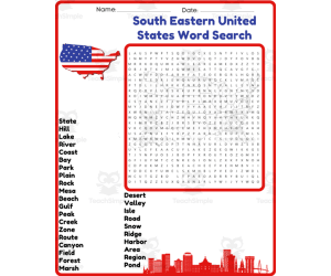 US Geography Worksheet - South Eastern United States Word Search