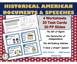 U.S. History Documents and Speeches Worksheets and Task Cards