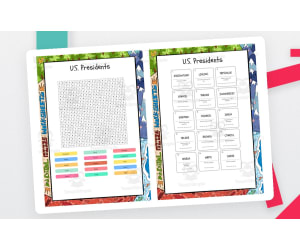 US Presidents word search, scramble and crossword puzzle