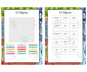 US Regions word search, scramble and crossword puzzle