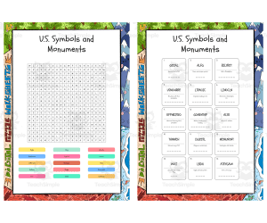 US Symbols and Monuments word search, scramble and crossword puzzle