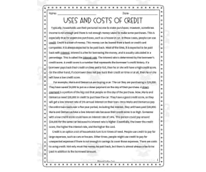 Uses and Cost of Credit Reading Packet