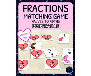 Valentines Day Fractions Matching Game Activity - 1/2s to 1/5s - Printable