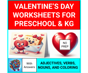 Valentine’s Day Nouns, Vowels and Adjectives Worksheets for Pre-K & KG