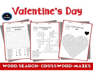 Valentine’s Day Word Search, Crossword & Mazes Activity Pack