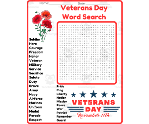 Veterans Day Word Search worksheet activity