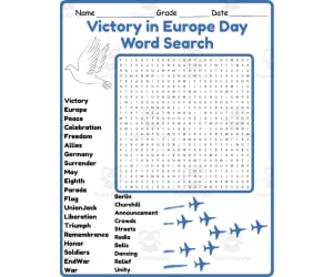 Victory in Europe Day Word Search 2nd 3rd 4th 5th Grade Worksheet