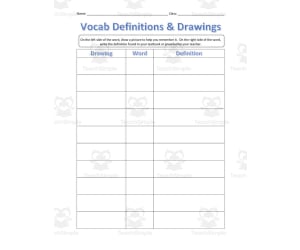 Vocabulary Definitions and Drawings Worksheet Set