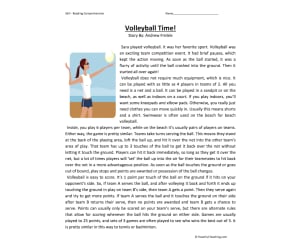 Volleyball Time Reading Comprehension Worksheet
