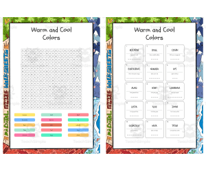 Warm and Cool Colors word search, scramble and crossword puzzle
