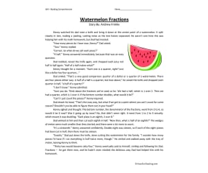 Watermelon Fractions Reading Comprehension Worksheet