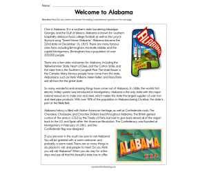 Welcome to Alabama Reading Comprehension Worksheet