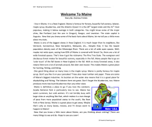 Welcome to Maine Reading Comprehension Worksheet