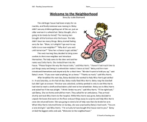 Welcome to the Neighborhood Reading Comprehension Worksheet