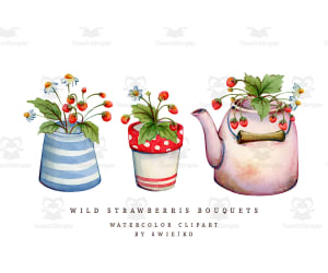 Wild Strawberries, cottage style, bouquets in cups, pitcher, jug, rusty kettle