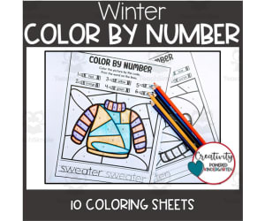 Winter Color by Number, Winter Coloring Pages, Math Activity Sheets Coloring Activity, Winter Theme Activities for Homeschool, Kindergarten Classroom Actitivy