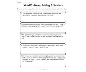 Word Problems Adding 3 Numbers Worksheet