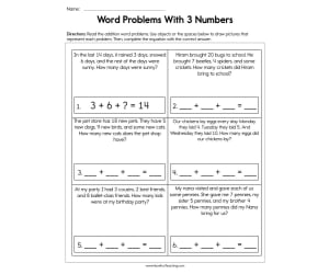 Word Problems With 3 Numbers Worksheet