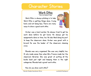 Work Ethic Character Reading Comprehension Worksheet