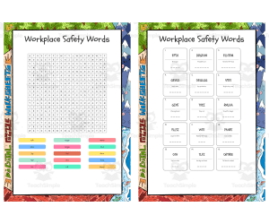 Workplace Safety Words word search, scramble and crossword puzzle