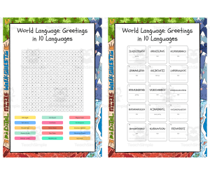 World Language Greetings in 10 Languages word search, scramble and cro