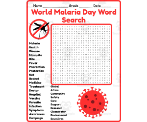 World Malaria Day Word Search 2nd 3rd 4th 5th Grade Worksheet Activity