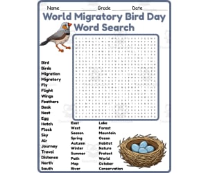 World Migratory Bird Day Word Search 2rd 3th 4th 5th Grade worksheet