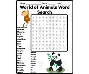 World of animals Word Search 2nd 3rd 4th 5th Grade Worksheet Activity