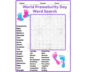World Prematurity Day Word Search 2rd 3th 4th 5th Grade worksheet