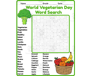 World Vegetarian Day Word Search 2rd 3th 4th 5th Grade worksheet activ