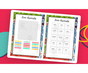 Zoo Animals word search, scramble and crossword