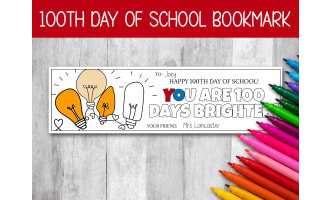 100th Day of School Bookmark Coloring Activity Small Gift from Teacher