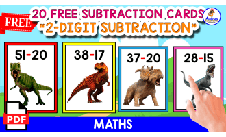 20 CARDS OF 2-DIGIT SUBTRACTION | DINO THEMED
