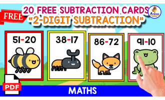 20 FLASHCARDS OF 2-DIGIT SUBTRACTION | ANIMALS THEMED