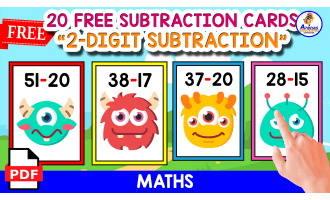 20 FLASHCARDS OF 2-DIGIT SUBTRACTION | MONSTER THEMED