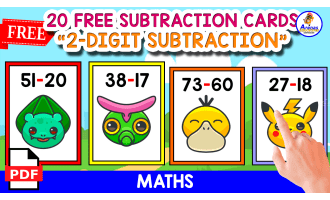 20 FLASHCARDS OF 2-DIGIT SUBTRACTION | POKEMON THEMED