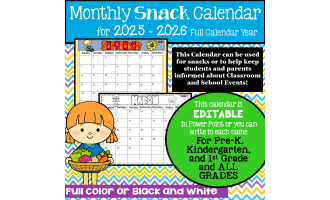 2025 - 2026 Back to School Snack Calendar | Pre-K- 1st Grade |EDITABLE