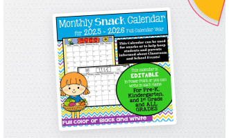 2025 - 2026 Back to School Snack Calendar | Pre-K- 1st Grade |EDITABLE