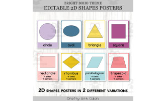2D Shapes Posters, Geometry Math Decor in Bright Boho Design
