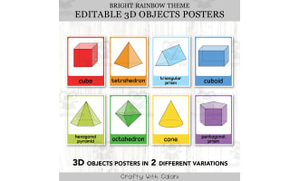 3D Objects Posters, Geometry Math Decor in Bright Rainbow Design