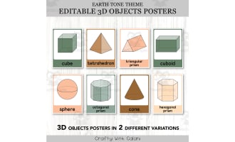 3D Objects Posters, Geometry Math Decor in Earth Tone Design