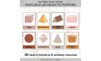 3D Objects Posters, Geometry Math Decor in Neutral Boho Design