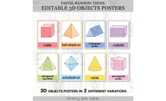 3D Objects Posters, Geometry Math Decor in Pastel Rainbow Design