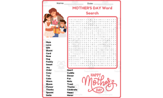 (3rd, 4th, 5th, 6th Grade) MOTHER'S DAY Word Search Puzzle Worksheet